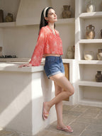 Janasya Coral Crop Chiffon Lurex Top | Grocsy