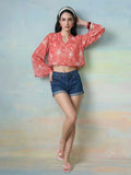 Janasya Coral Crop Chiffon Lurex Top | Grocsy