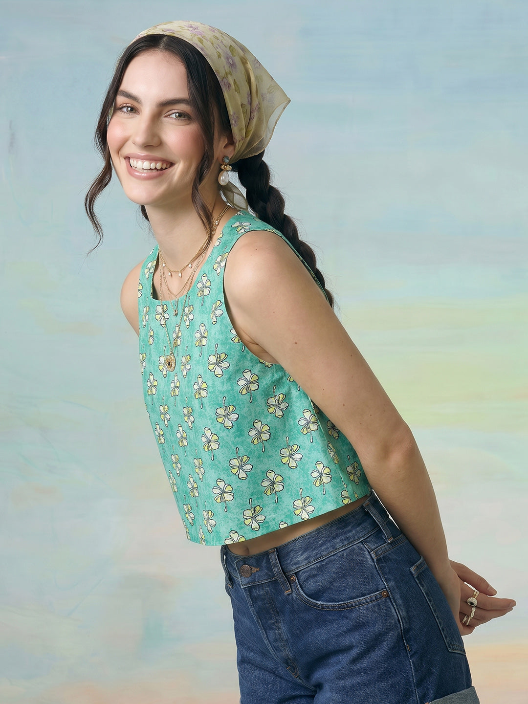 Janasya Sea Green Crop Cotton Top | Grocsy