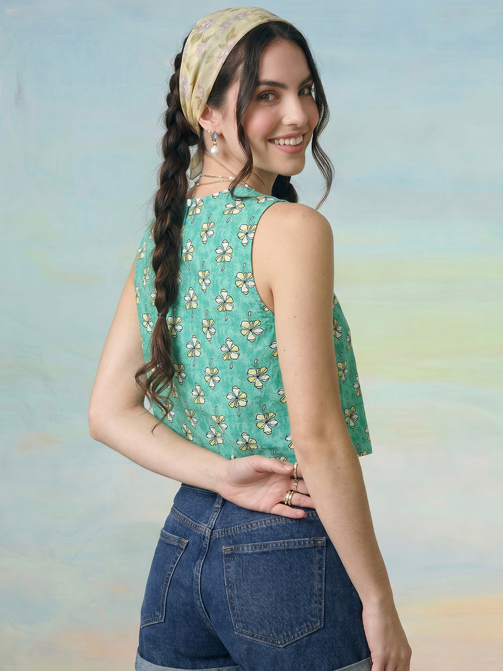 Janasya Sea Green Crop Cotton Top | Grocsy