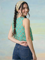 Janasya Sea Green Crop Cotton Top | Grocsy