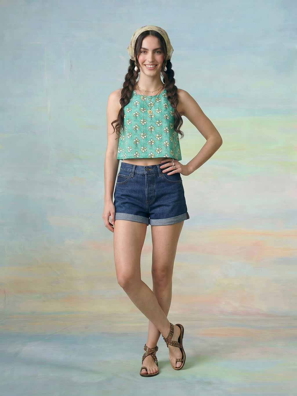 Janasya Sea Green Crop Cotton Top | Grocsy