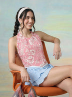 Janasya Pink Back Smocking Cotton Top | Grocsy