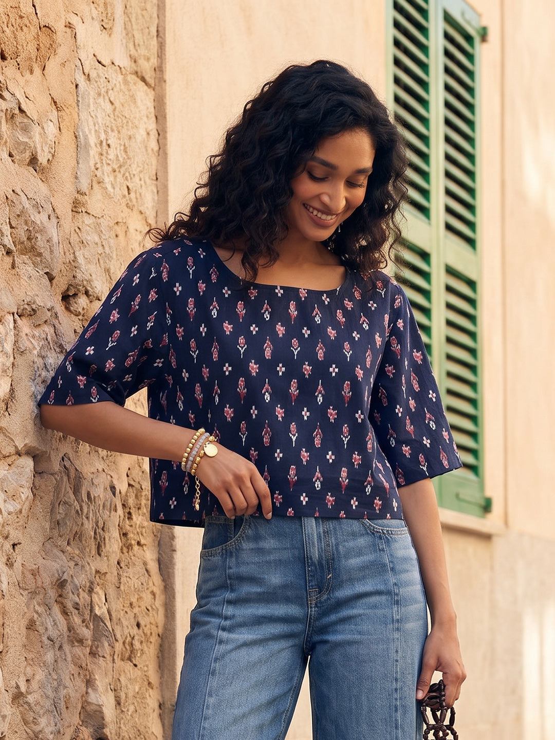 Janasya Navy Blue Crop Cotton Top | Grocsy