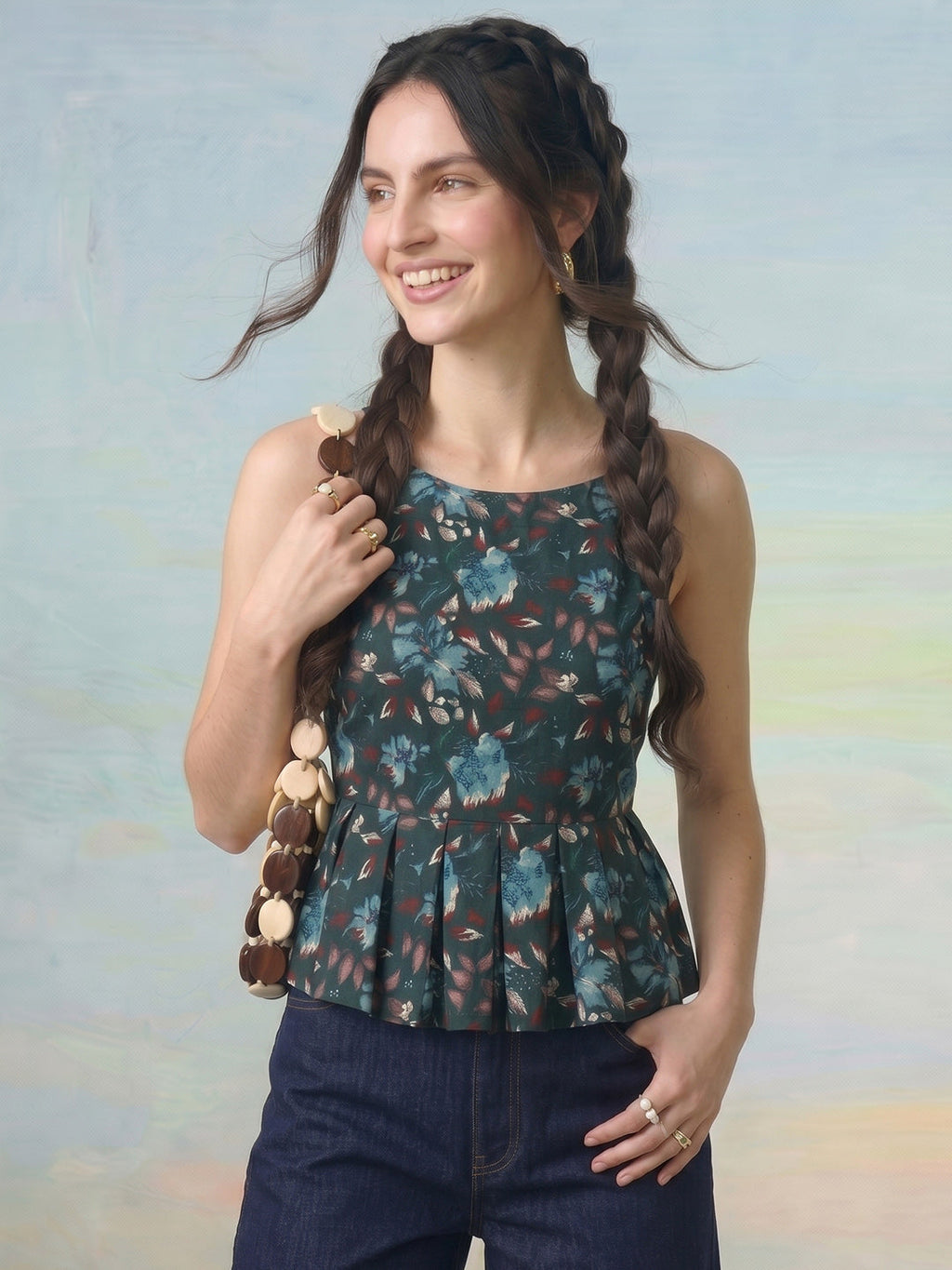 Janasya Bottle Green Peplum Cotton Top | Grocsy