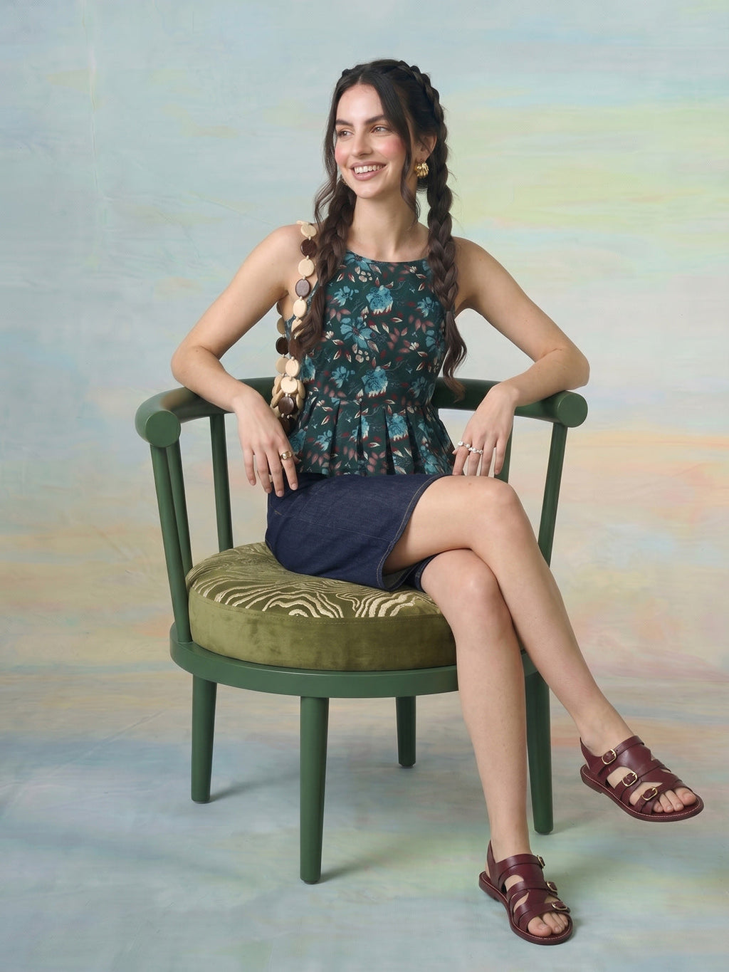 Janasya Bottle Green Peplum Cotton Top | Grocsy