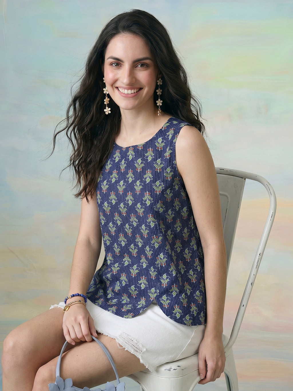 Janasya Navy Blue Straight Cotton Top | Grocsy