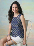 Janasya Navy Blue Straight Cotton Top | Grocsy
