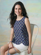 Janasya Navy Blue Straight Cotton Top | Grocsy