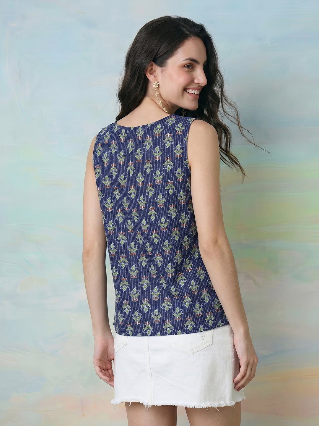Janasya Navy Blue Straight Cotton Top | Grocsy