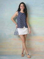Janasya Navy Blue Straight Cotton Top | Grocsy