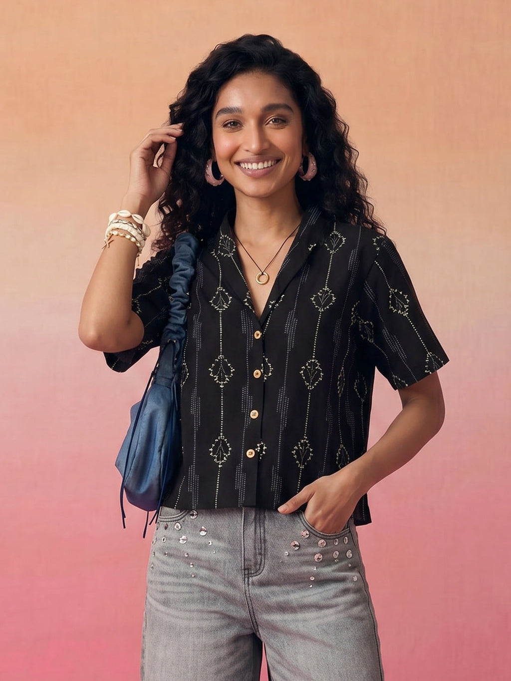 Janasya Black Shirt Cotton Top | Grocsy