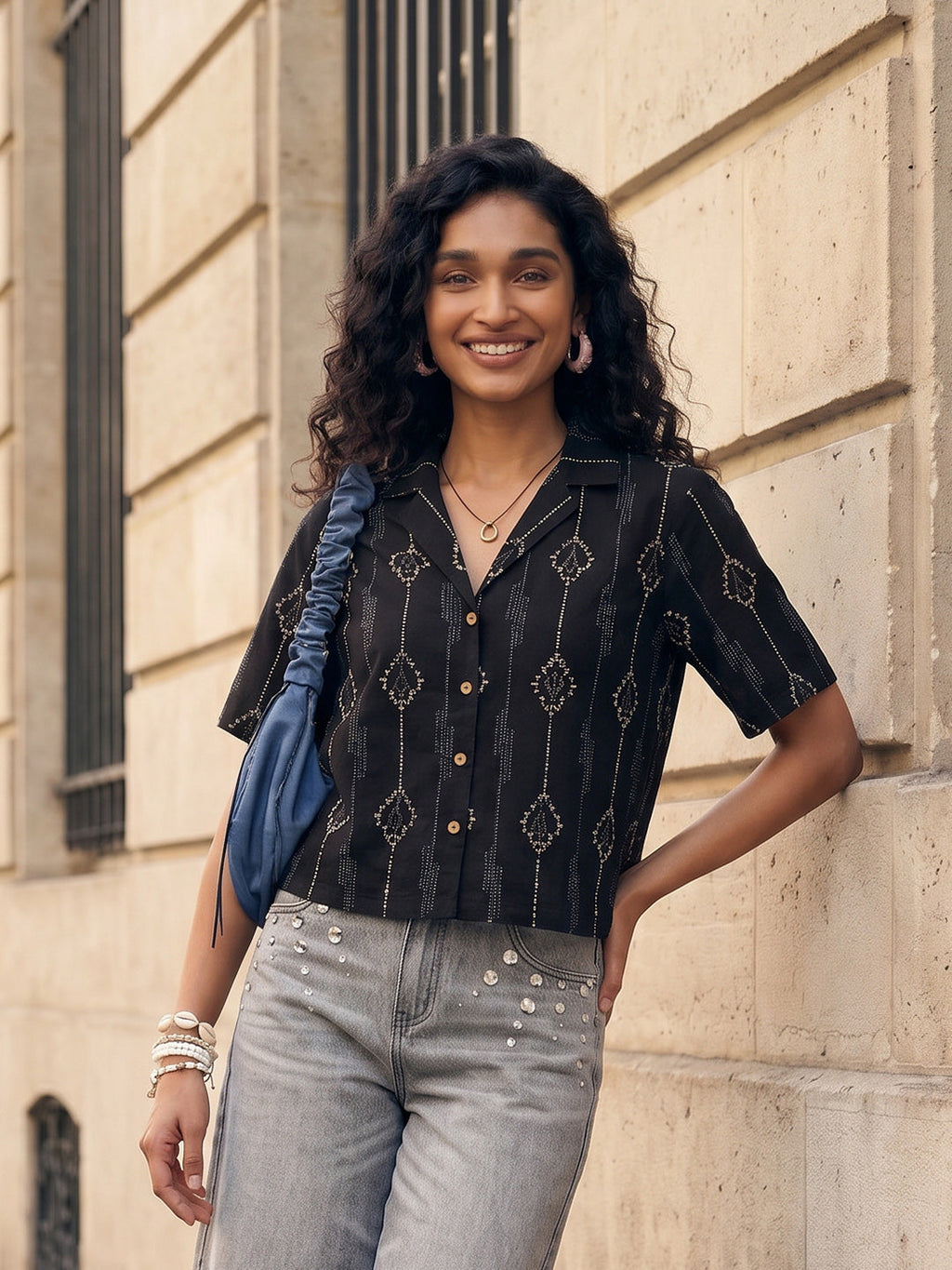 Janasya Black Shirt Cotton Top | Grocsy
