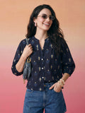 Janasya Dark Blue Shirt Style Cotton Top | Grocsy