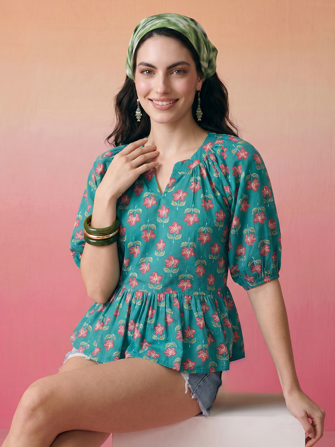 Janasya Teal A-Line Cotton Top | Grocsy