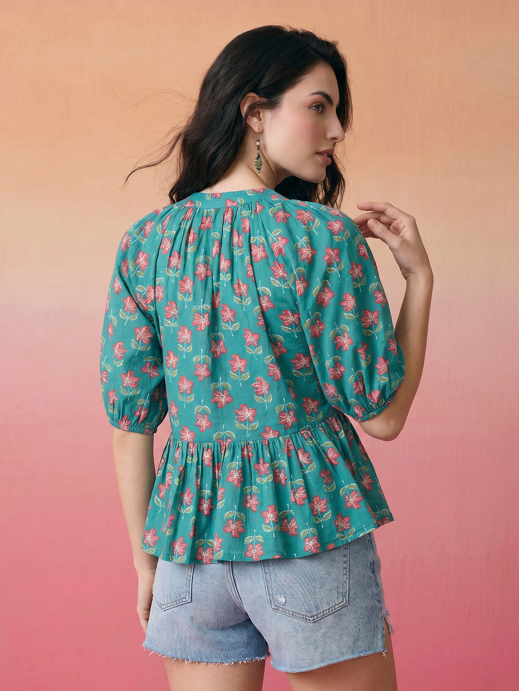 Janasya Teal A-Line Cotton Top | Grocsy