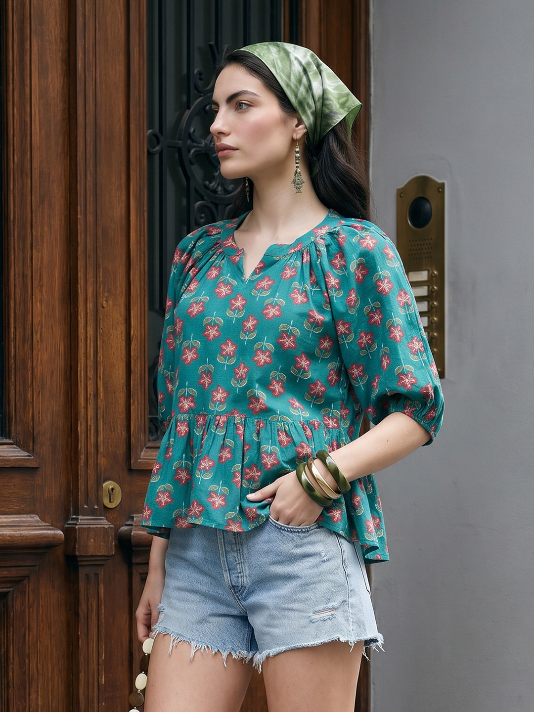 Janasya Teal A-Line Cotton Top | Grocsy