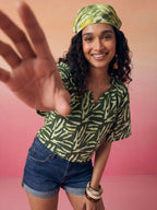 Janasya Olive Crop Cotton Top | Grocsy