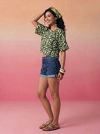 Janasya Olive Crop Cotton Top | Grocsy