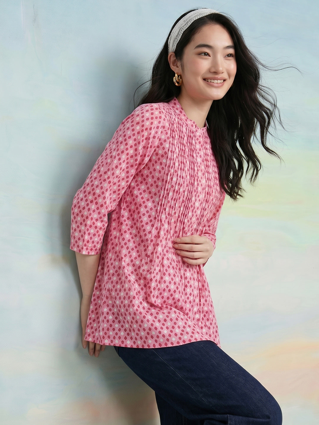 Janasya Pink A-Line Cotton Top | Grocsy