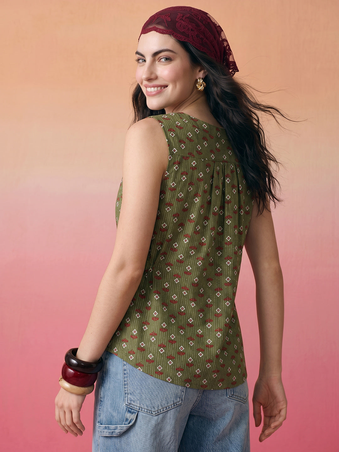Janasya Olive A-Line Cotton Top | Grocsy