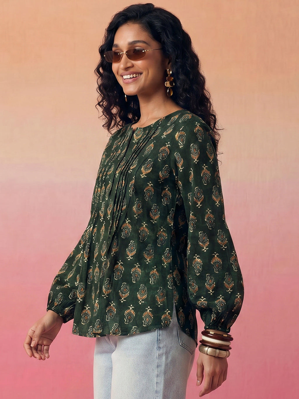 Janasya Dark Green A-Line Cotton Top | Grocsy
