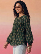 Janasya Dark Green A-Line Cotton Top | Grocsy