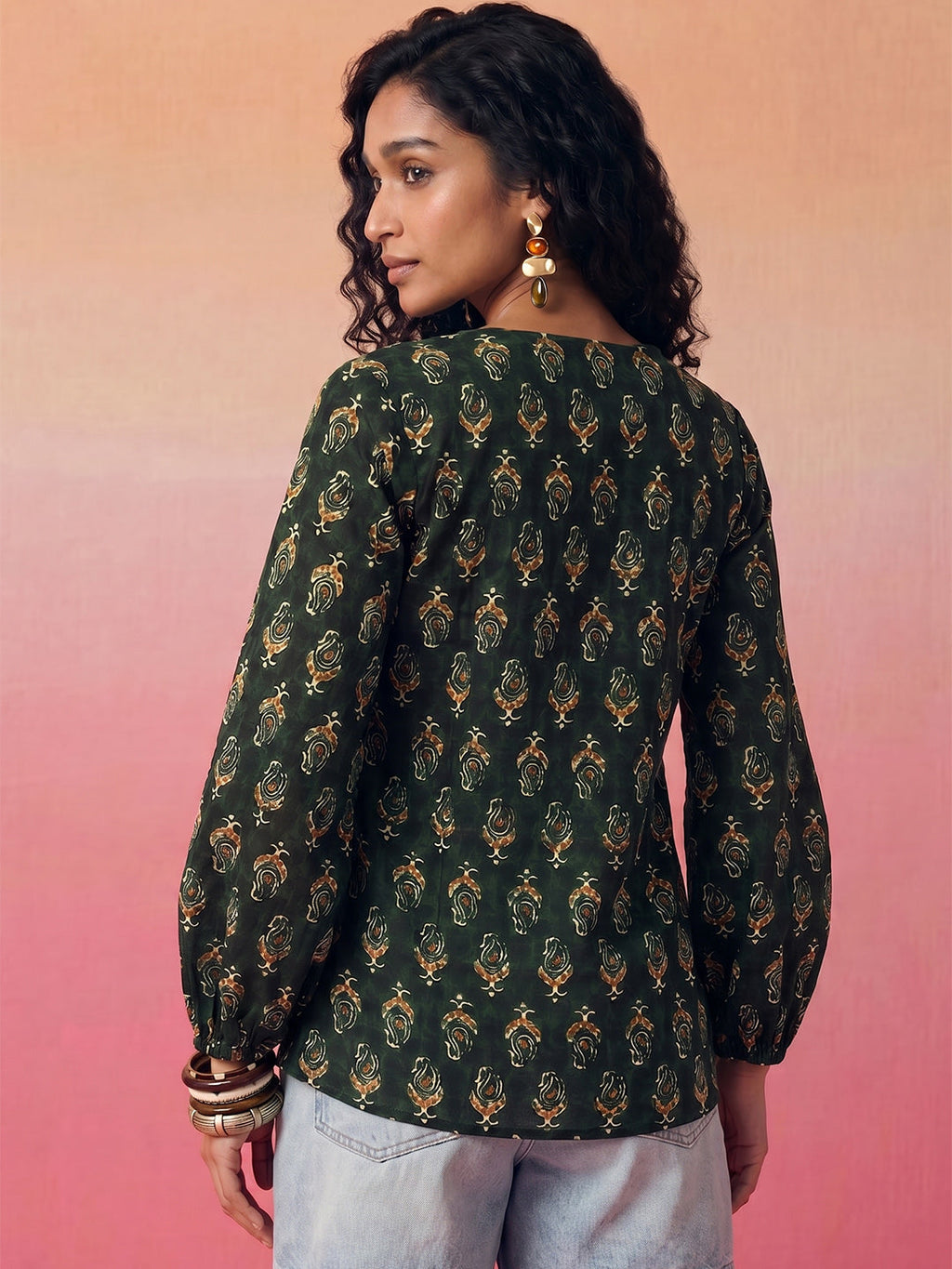 Janasya Dark Green A-Line Cotton Top | Grocsy