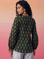 Janasya Dark Green A-Line Cotton Top | Grocsy