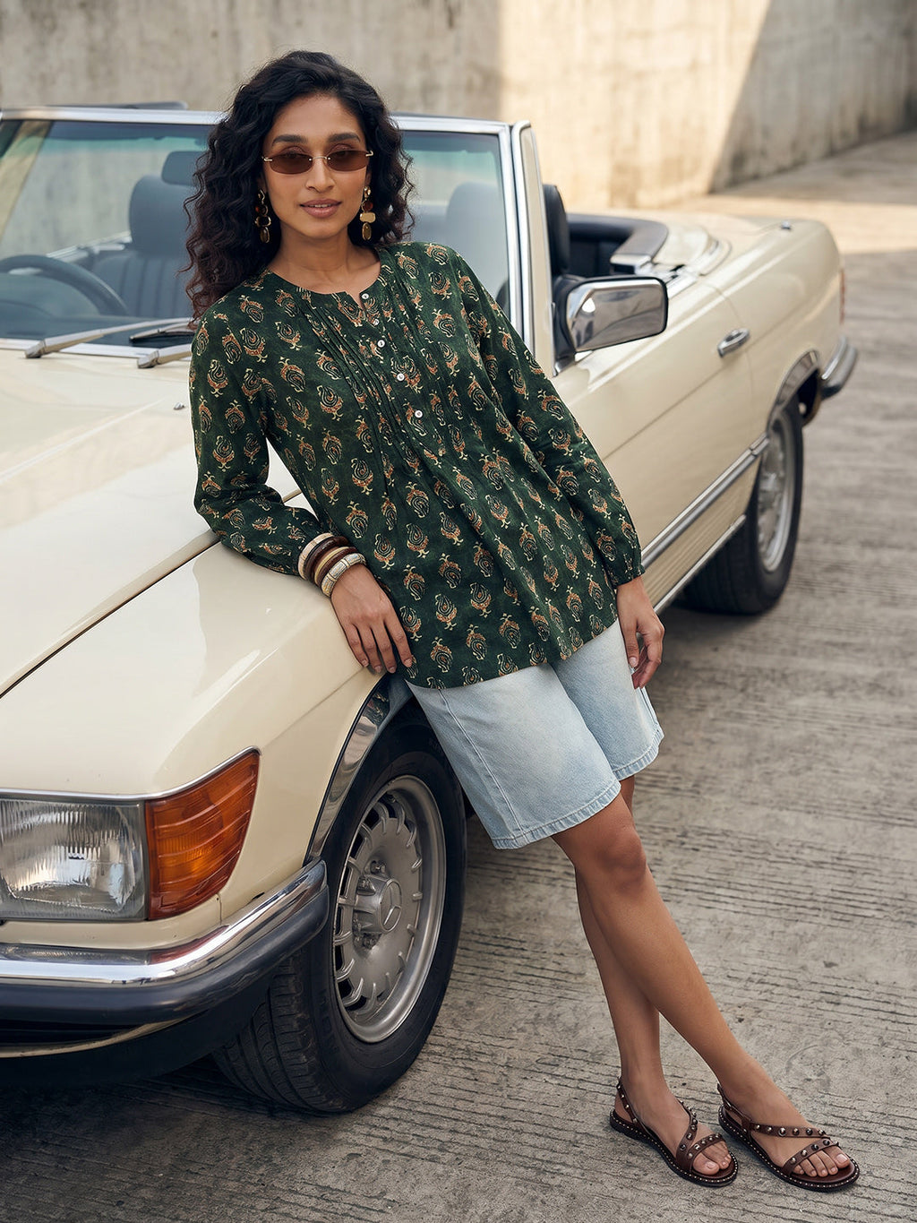 Janasya Dark Green A-Line Cotton Top | Grocsy