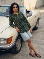 Janasya Dark Green A-Line Cotton Top | Grocsy
