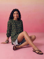 Janasya Dark Green A-Line Cotton Top | Grocsy
