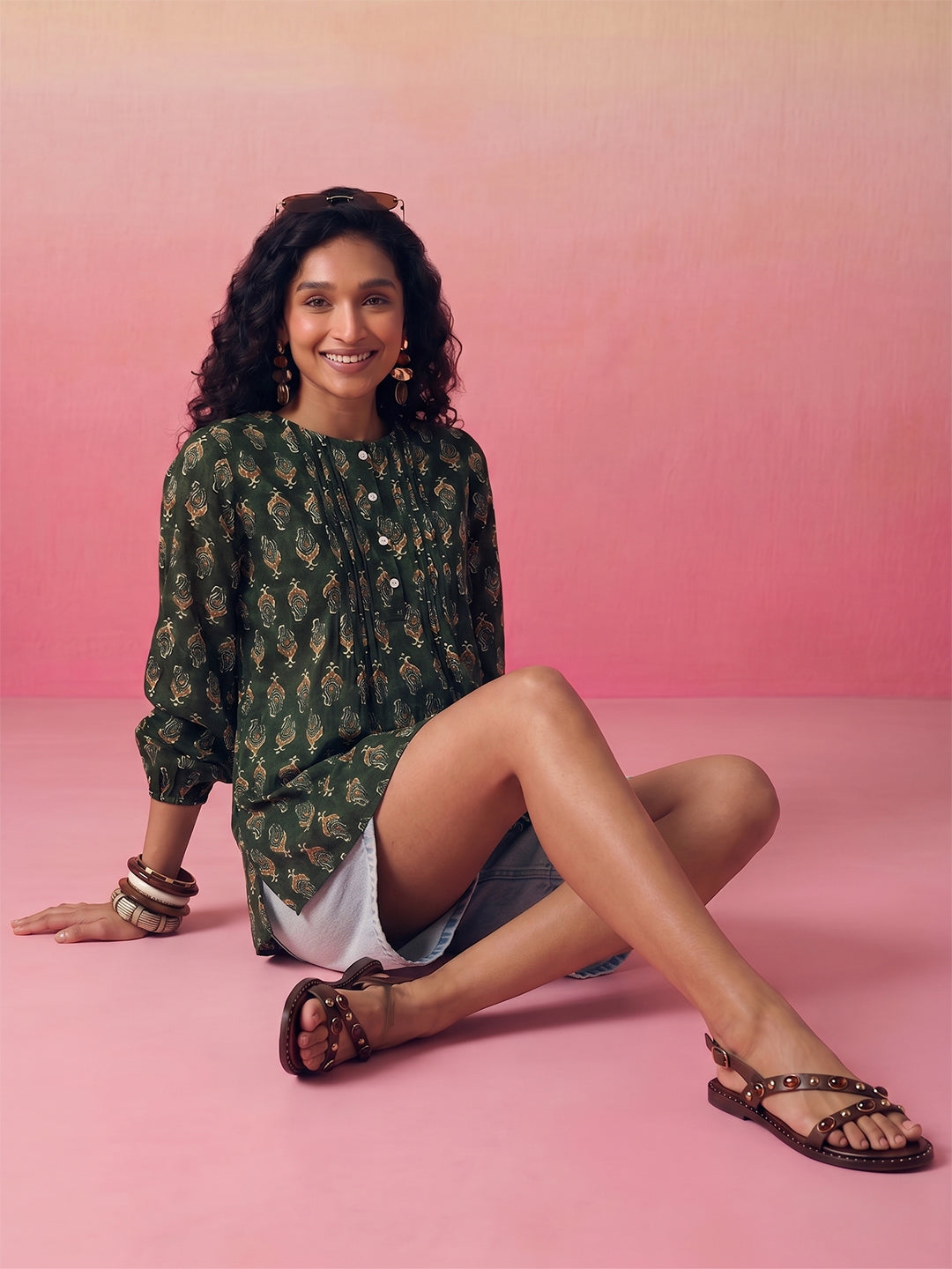 Janasya Dark Green A-Line Cotton Top | Grocsy