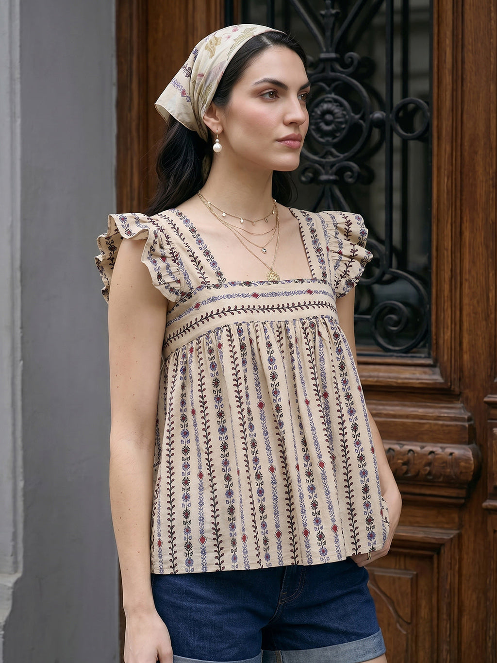 Janasya Beige A-Line Cotton Top | Grocsy