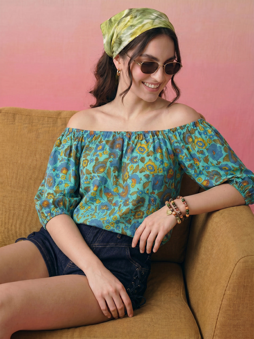 Janasya Blue Crop Cotton Top | Grocsy