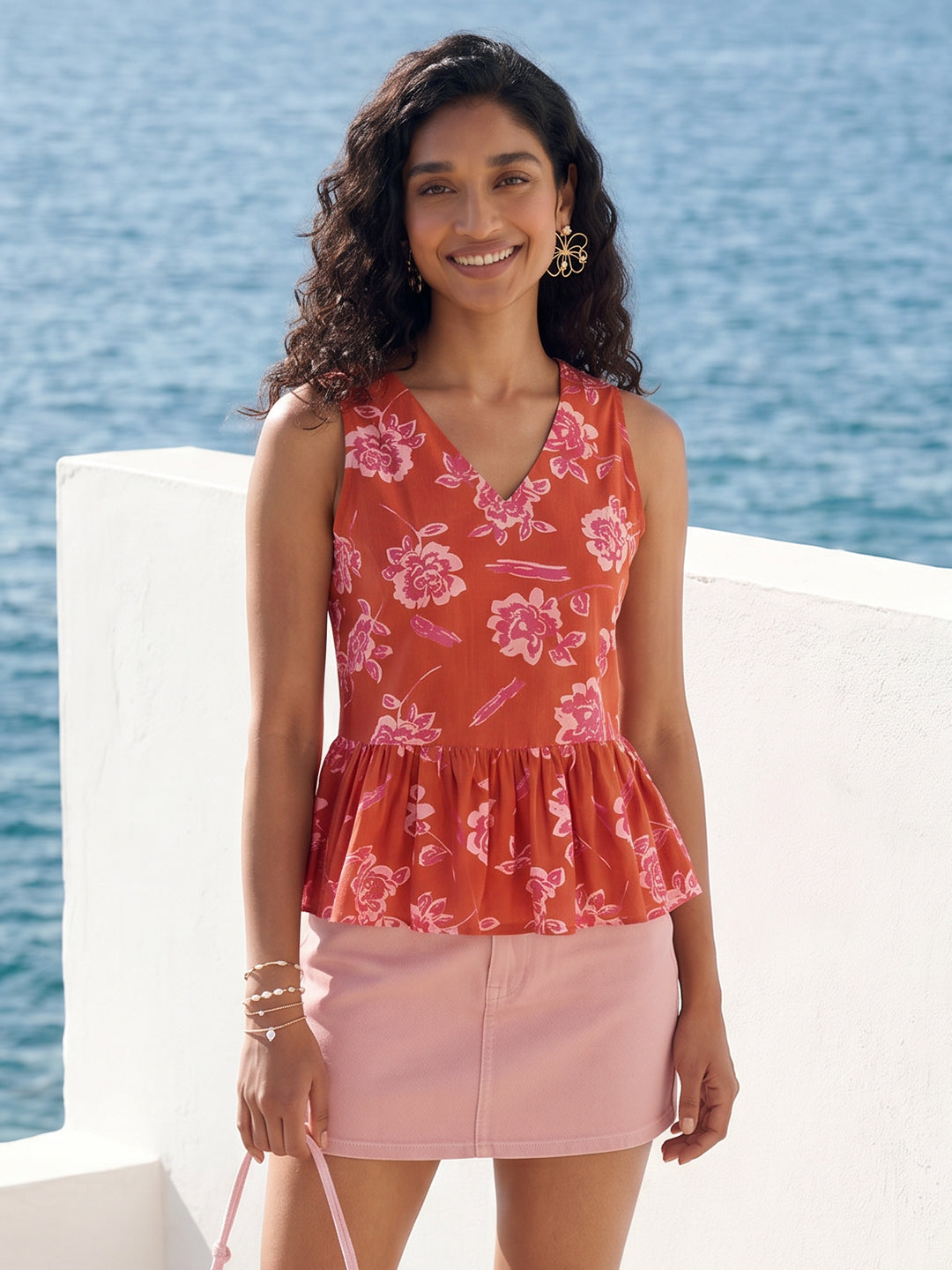 Janasya Rust Peplum Cotton Top | Grocsy
