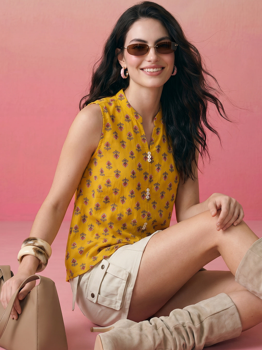 Janasya Mustard Straight Cotton Top | Grocsy
