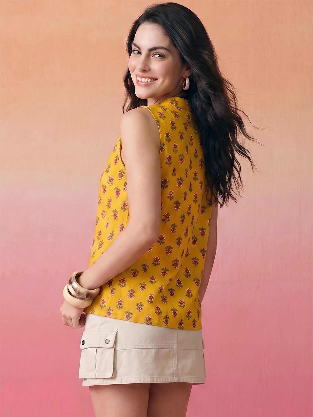Janasya Mustard Straight Cotton Top | Grocsy