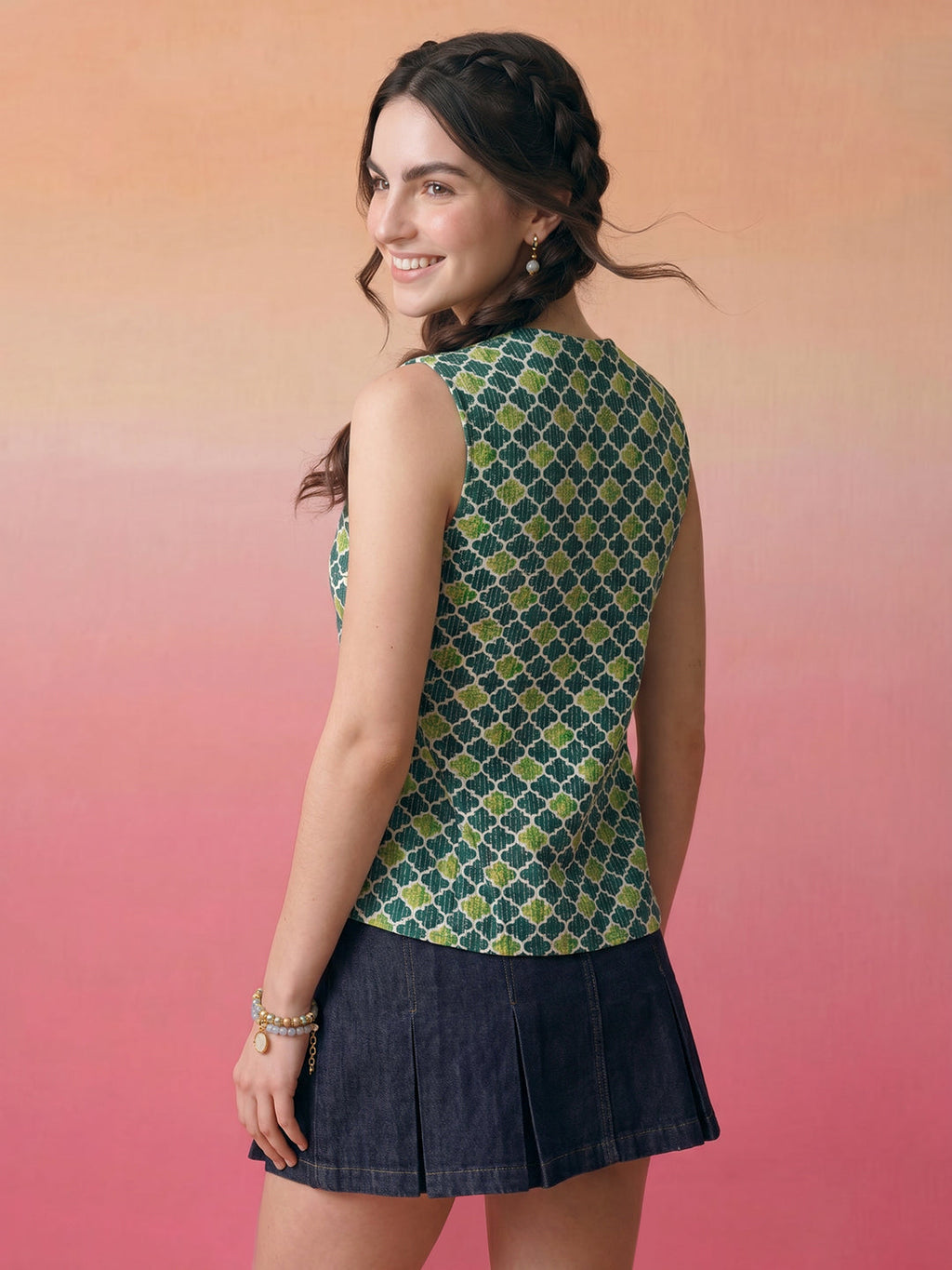 Janasya Teal Waistcoat Cotton Top | Grocsy