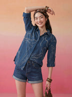 Janasya Blue Shirt Cotton Top | Grocsy
