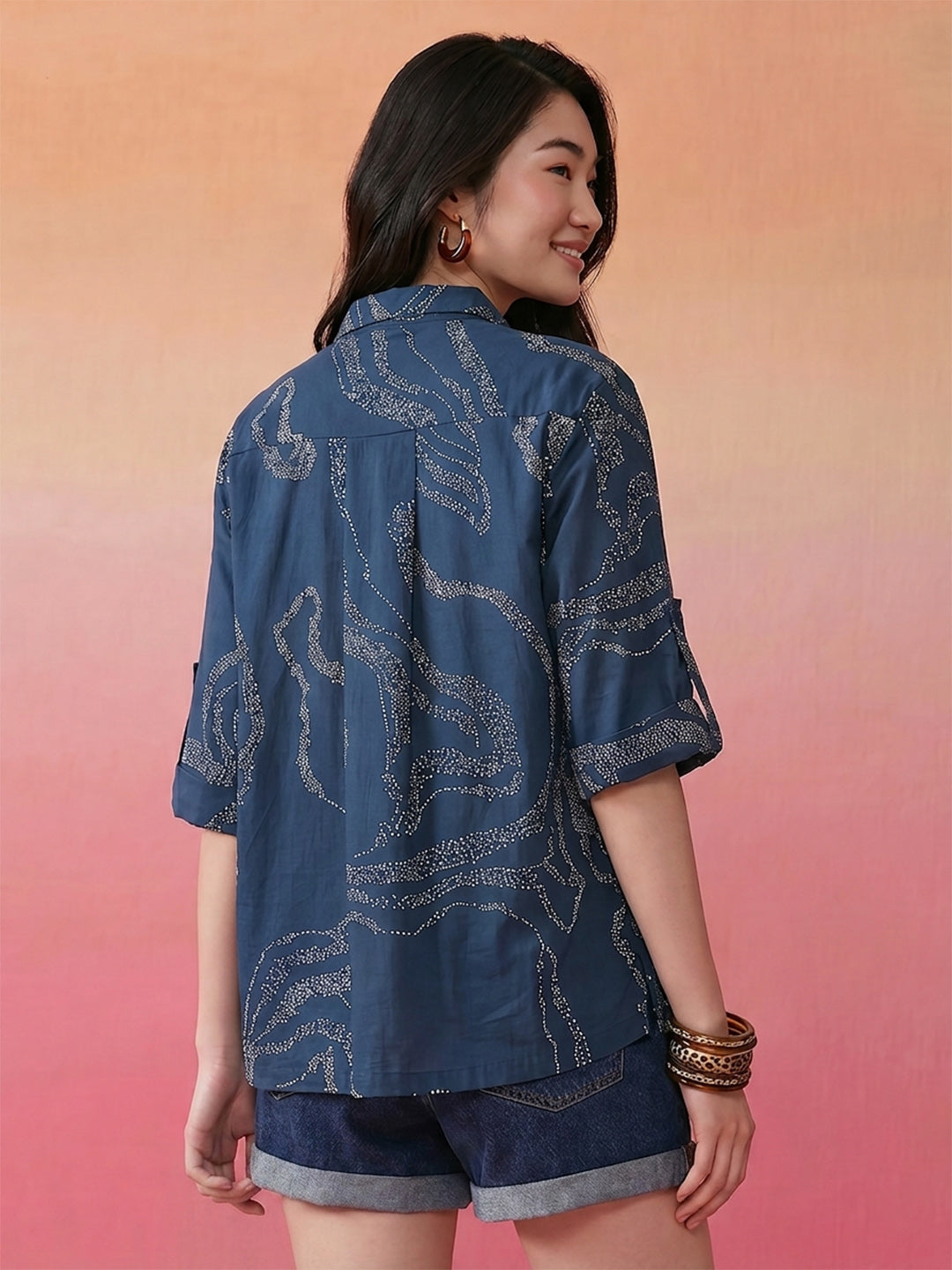 Janasya Blue Shirt Cotton Top | Grocsy
