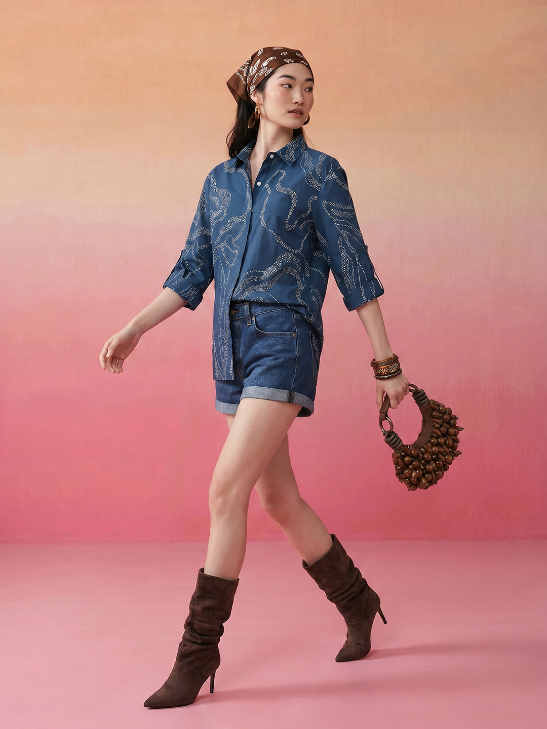 Janasya Blue Shirt Cotton Top | Grocsy