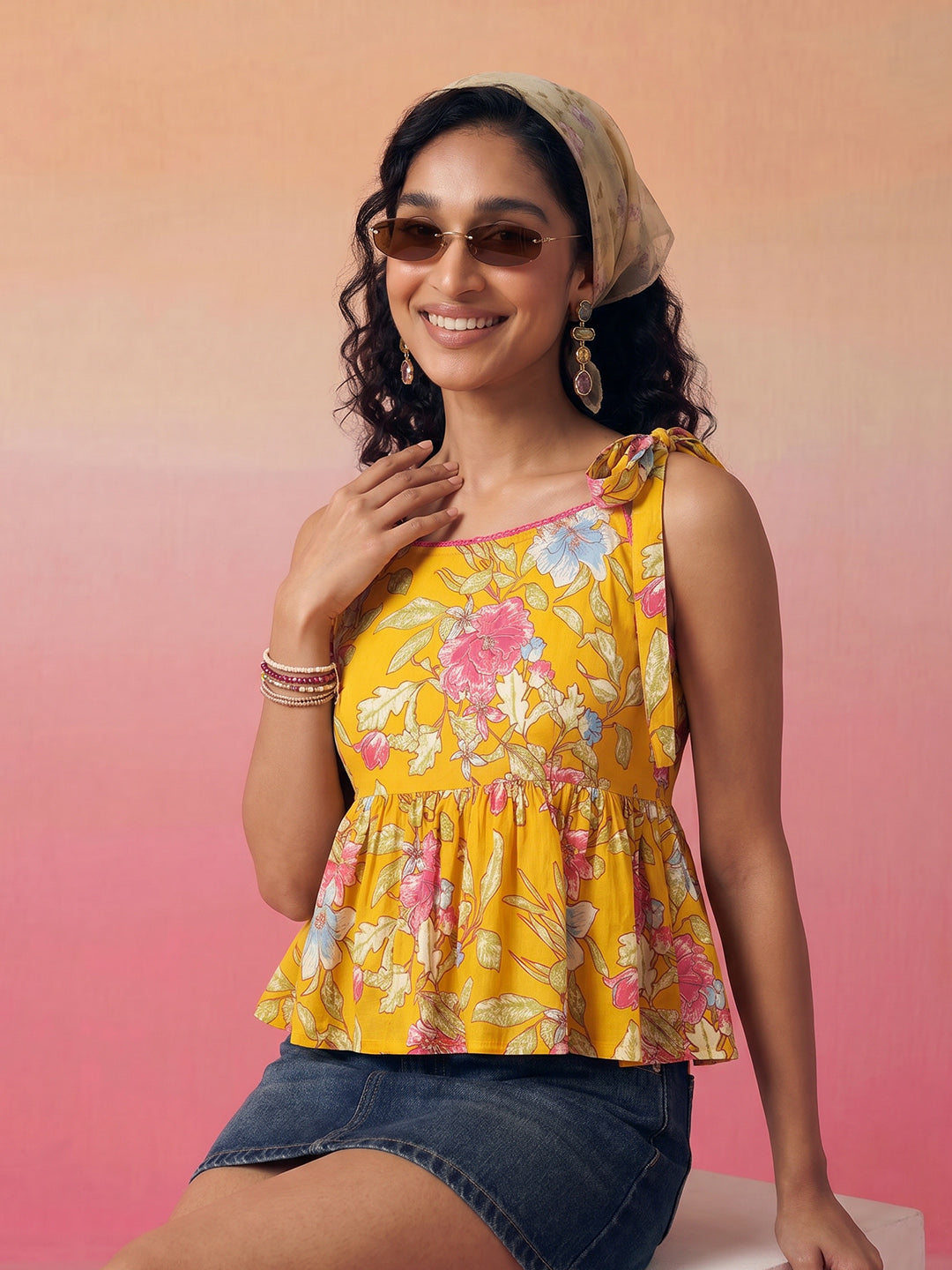 Janasya Mustard Peplum Cotton Top | Grocsy