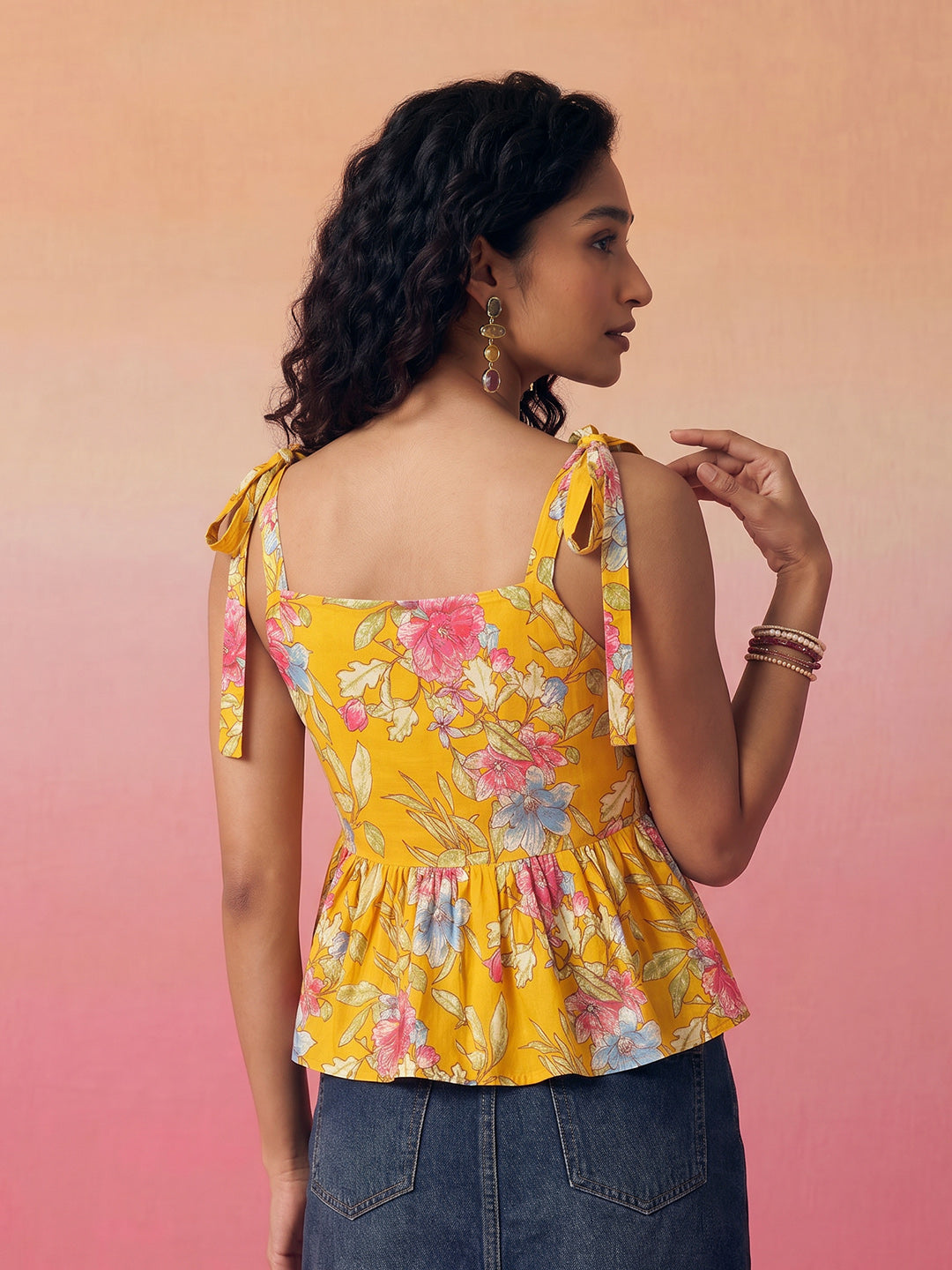 Janasya Mustard Peplum Cotton Top | Grocsy