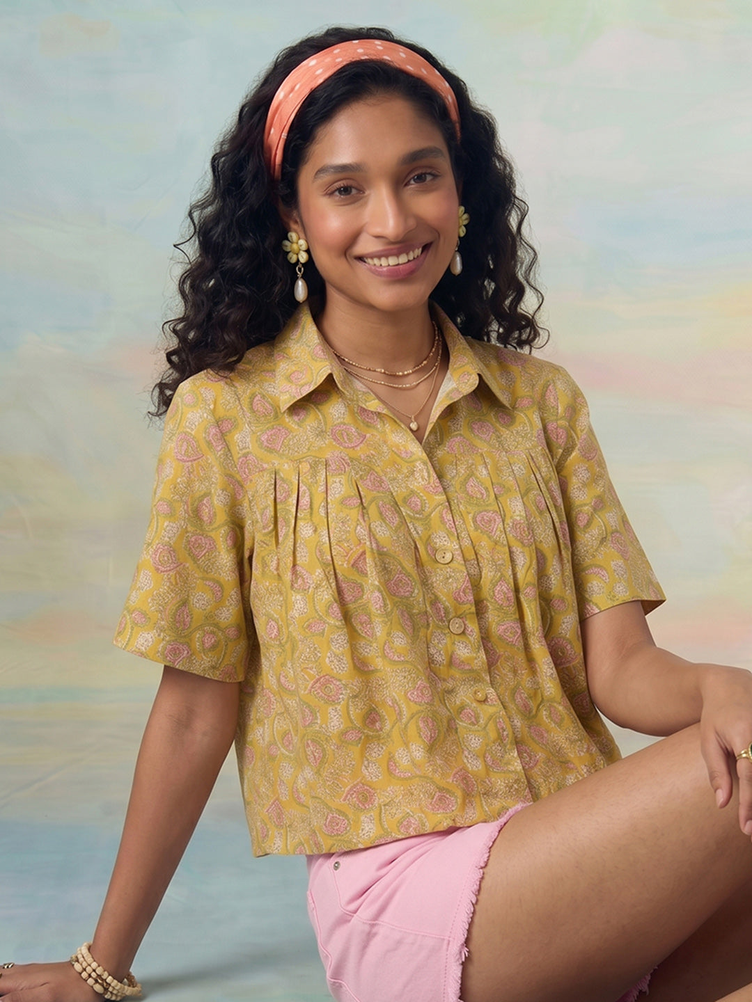 Janasya Yellow Flared Cotton Top | Grocsy