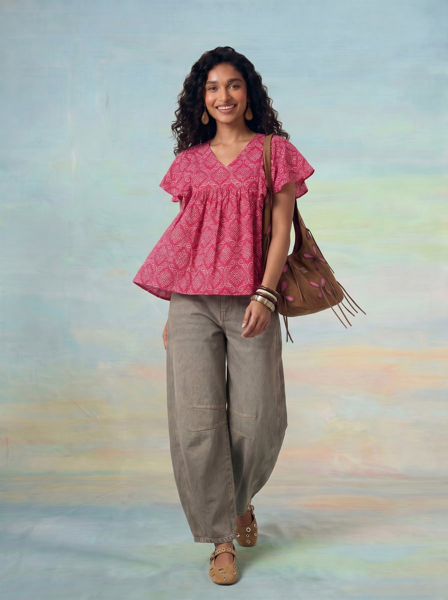 Janasya Pink A-Line Cotton Top | Grocsy