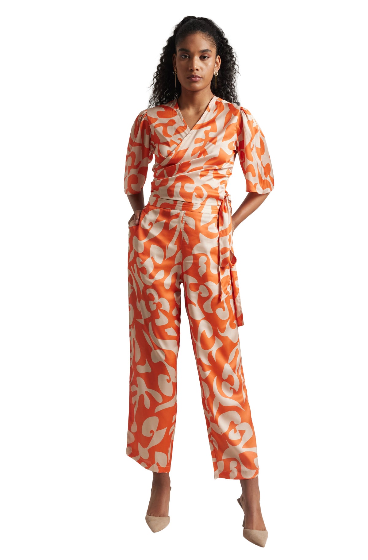 Zaccai Women's Orange Satin Abstract Co-ord Set | Grocsy