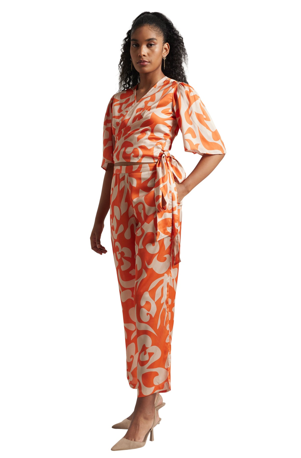 Zaccai Women's Orange Satin Abstract Co-ord Set | Grocsy