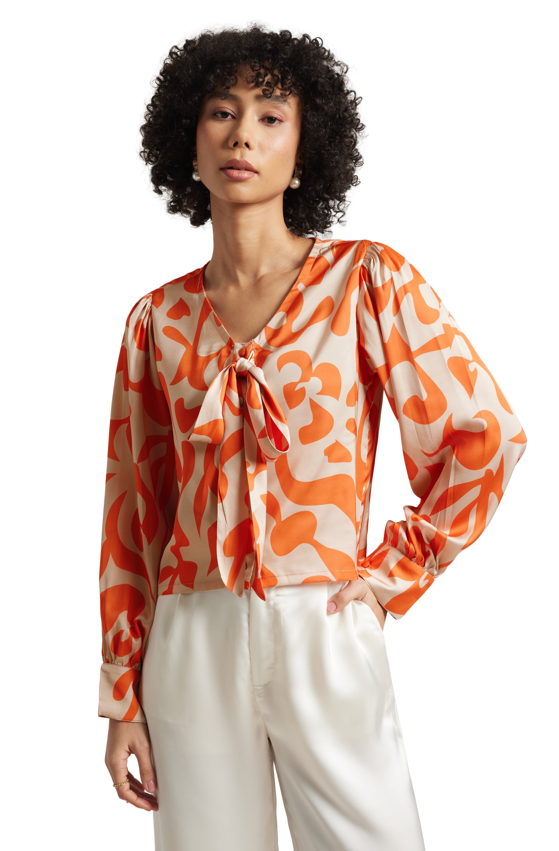 Zaccai Women's Orange Satin Abstract Top | Grocsy