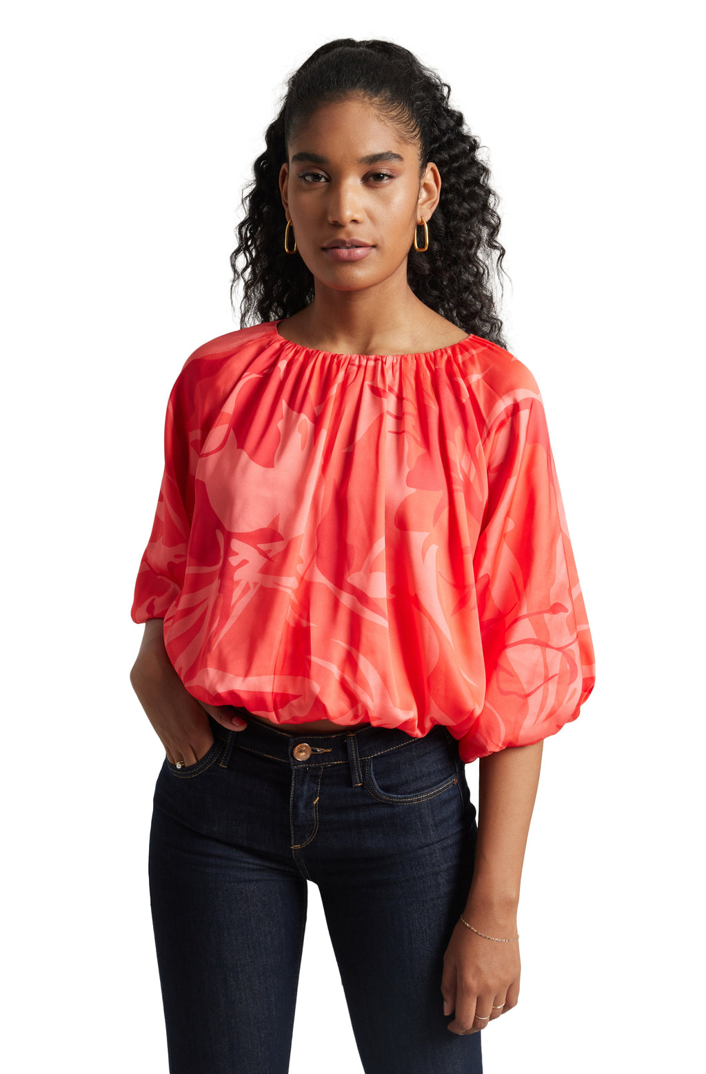 Zaccai Women's Coral Satin Abstract Top | Grocsy